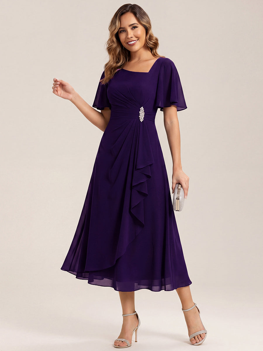 Pleated Chiffon Ruffle Sleeve Midi Dress #color_Dark Purple