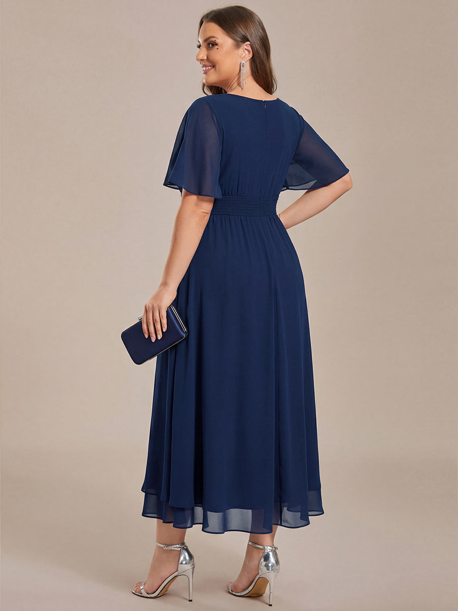 Pleated Chiffon Ruffle Sleeve Midi Dress #color_Navy Blue