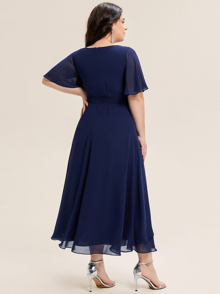 Plus Size Pleated Chiffon Ruffle Sleeve Midi Dress #color_Navy Blue