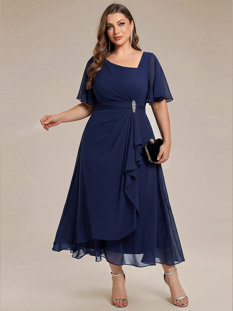 Plus Size Pleated Chiffon Ruffle Sleeve Midi Dress #color_Navy Blue