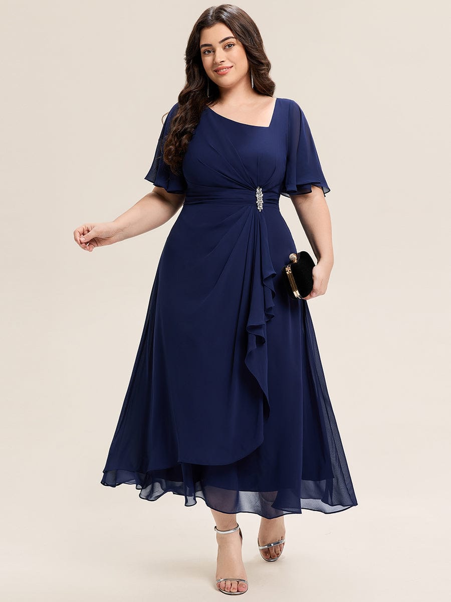 Elegant Chiffon Ruffle Sleeve Formal Dress #color_Navy Blue