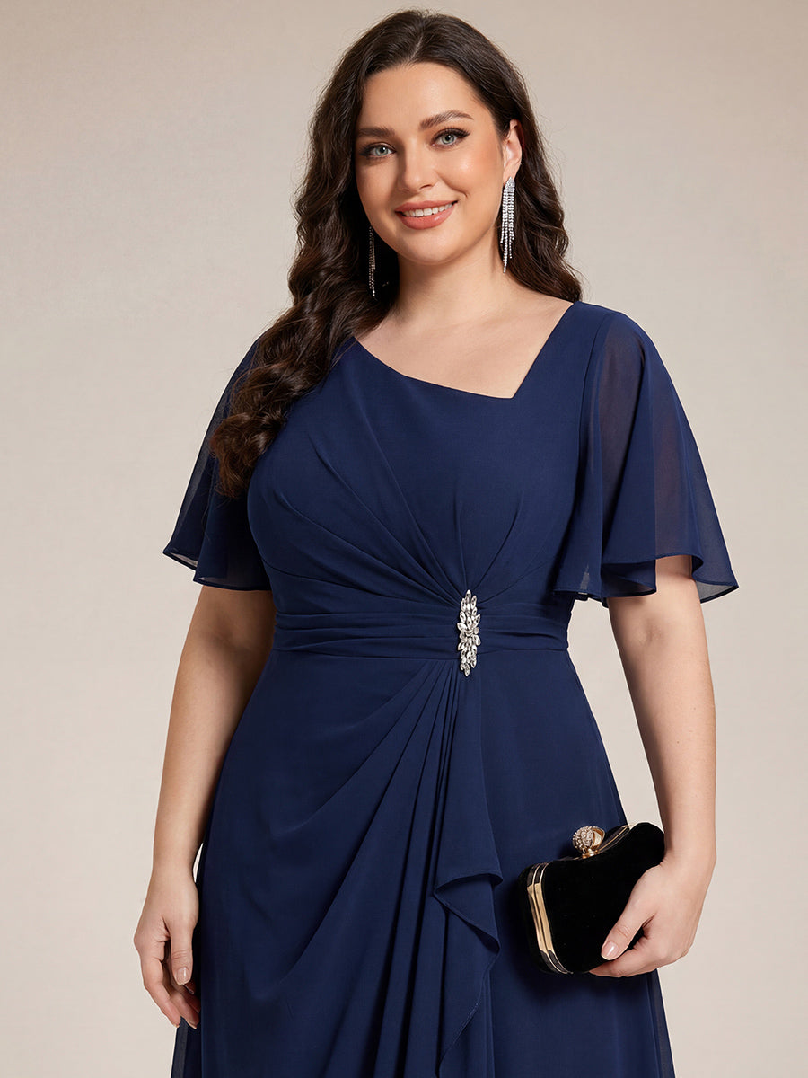 Plus Size Pleated Chiffon Ruffle Sleeve Midi Dress #color_Navy Blue