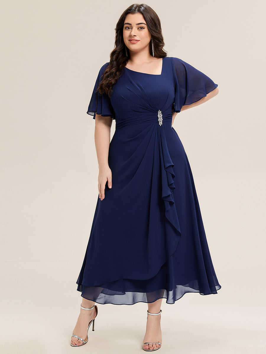 Plus Size Pleated Chiffon Ruffle Sleeve Midi Dress #color_Navy Blue