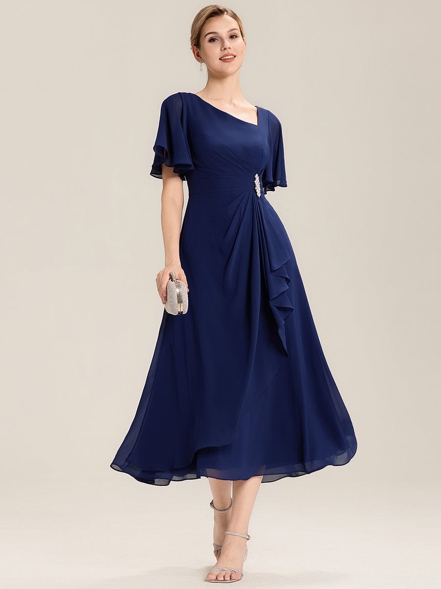 Pleated Chiffon Ruffle Sleeve Midi Dress #color_Navy Blue