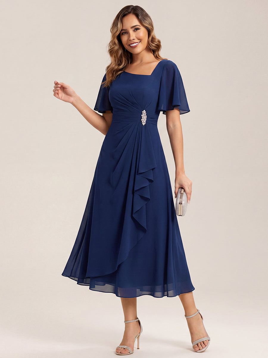 Pleated Chiffon Ruffle Sleeve Midi Dress #color_Navy Blue