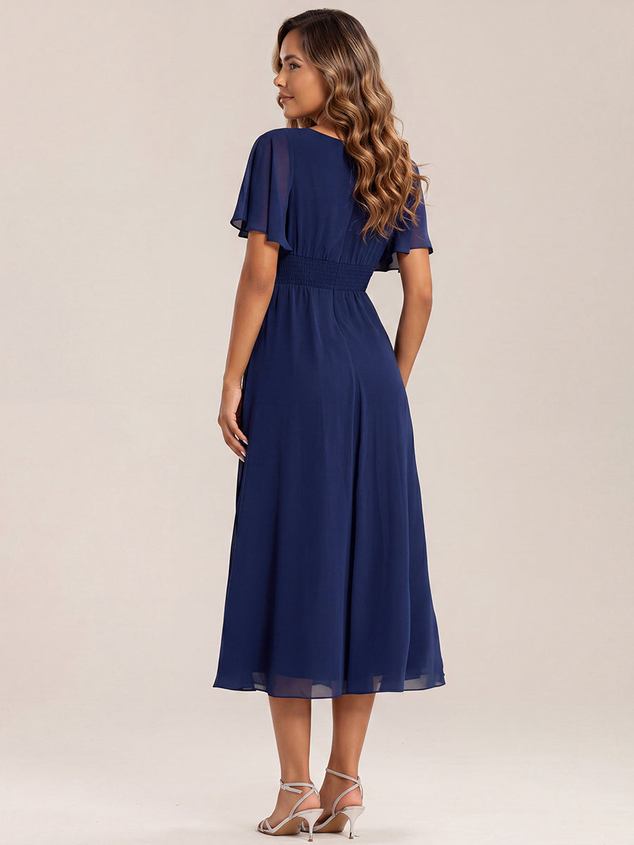 Pleated Chiffon Ruffle Sleeve Midi Dress #color_Navy Blue