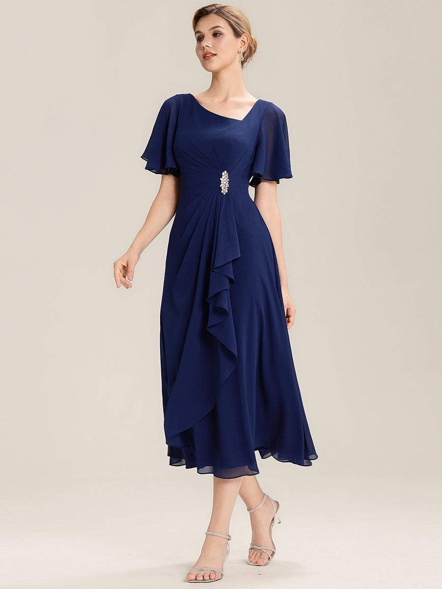 Pleated Chiffon Ruffle Sleeve Midi Dress #color_Navy Blue