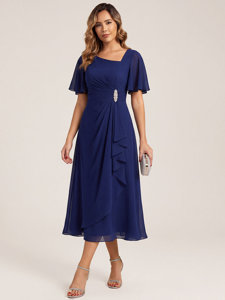 Pleated Chiffon Ruffle Sleeve Midi Dress #color_Navy Blue