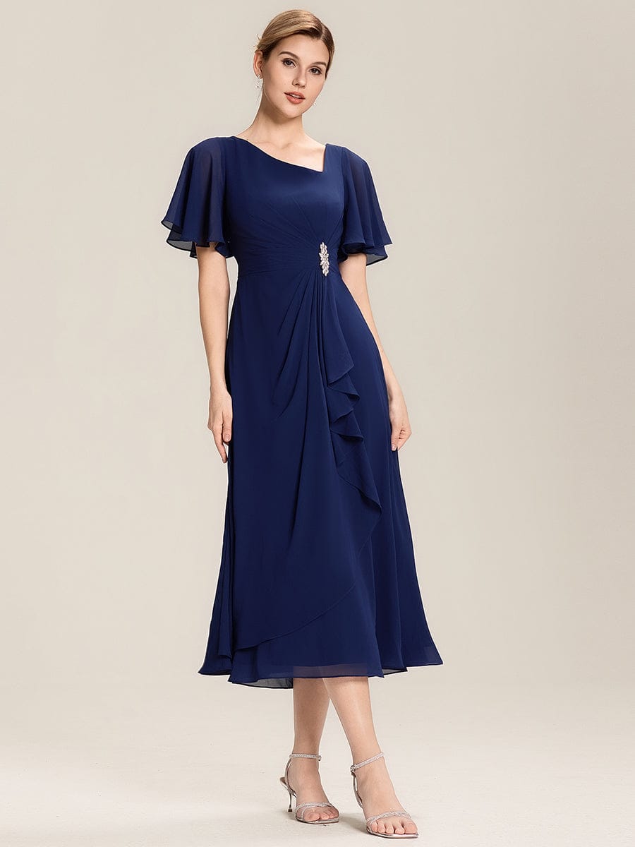 Pleated Chiffon Ruffle Sleeve Midi Dress #color_Navy Blue