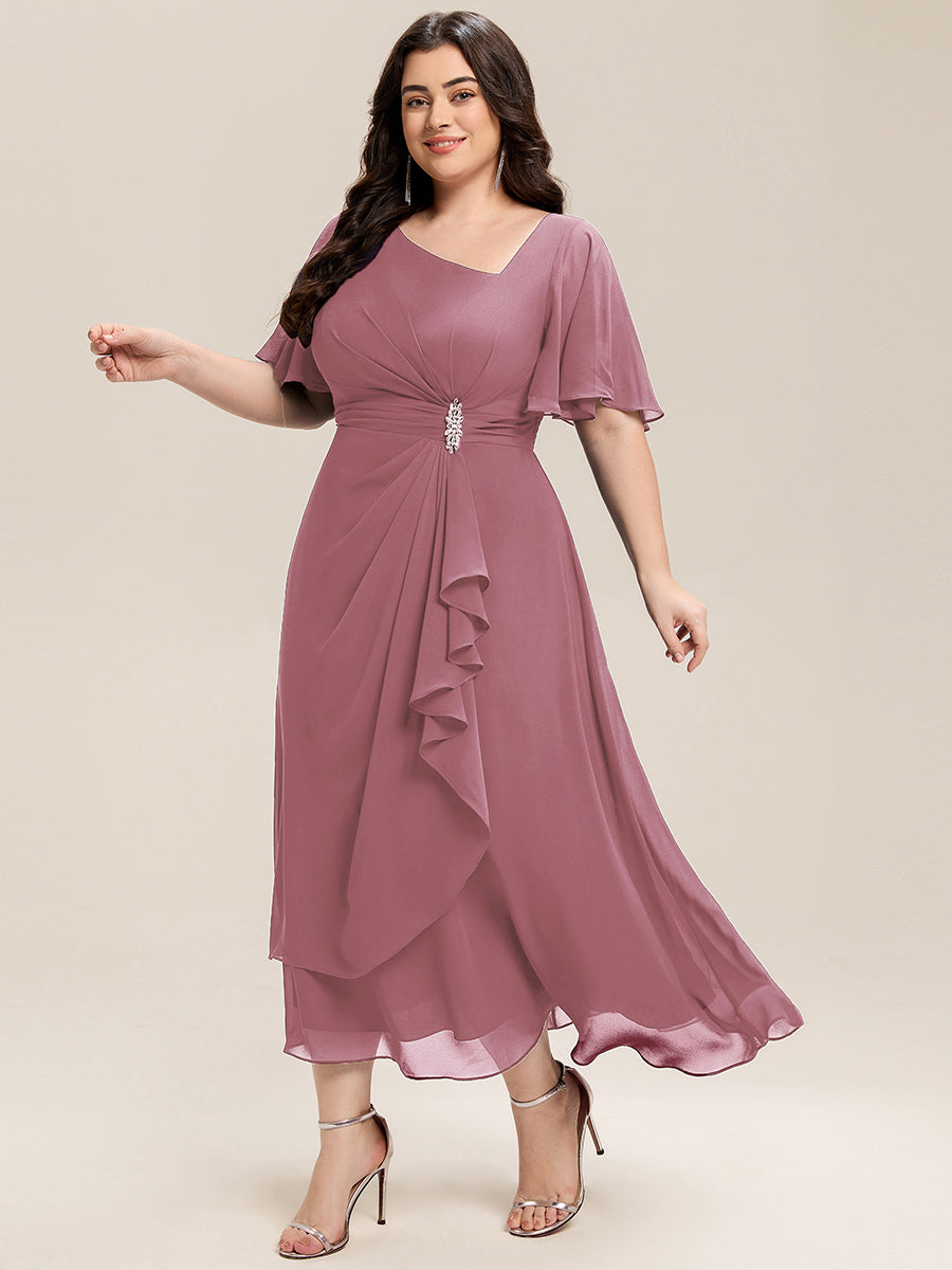 Pleated Chiffon Ruffle Sleeve Midi Dress #color_Purple Orchid