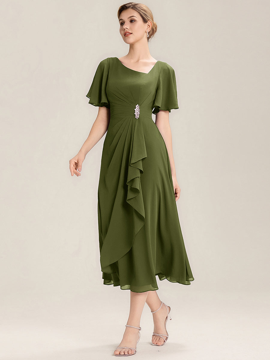 Elegant Chiffon Ruffle Sleeve Formal Dress #color_Olive Green