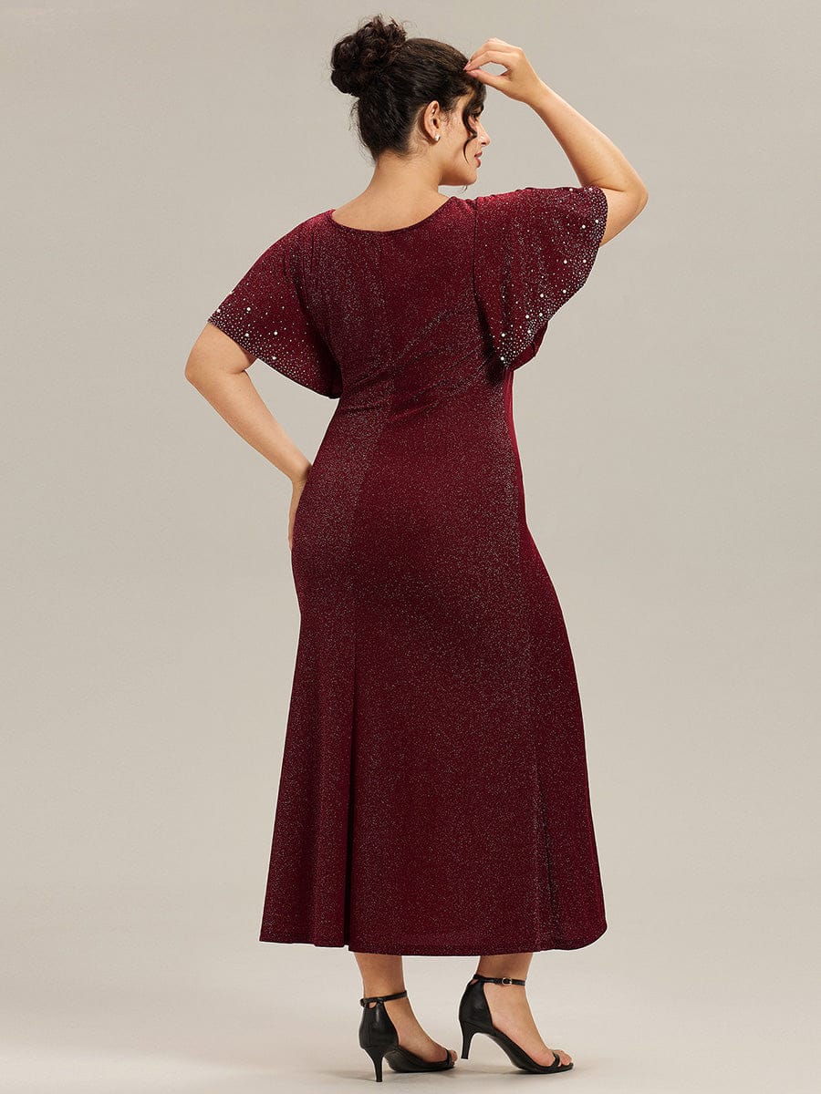 Plus Size Sequin Ruffle Sleeve Evening Dress #color_Burgundy