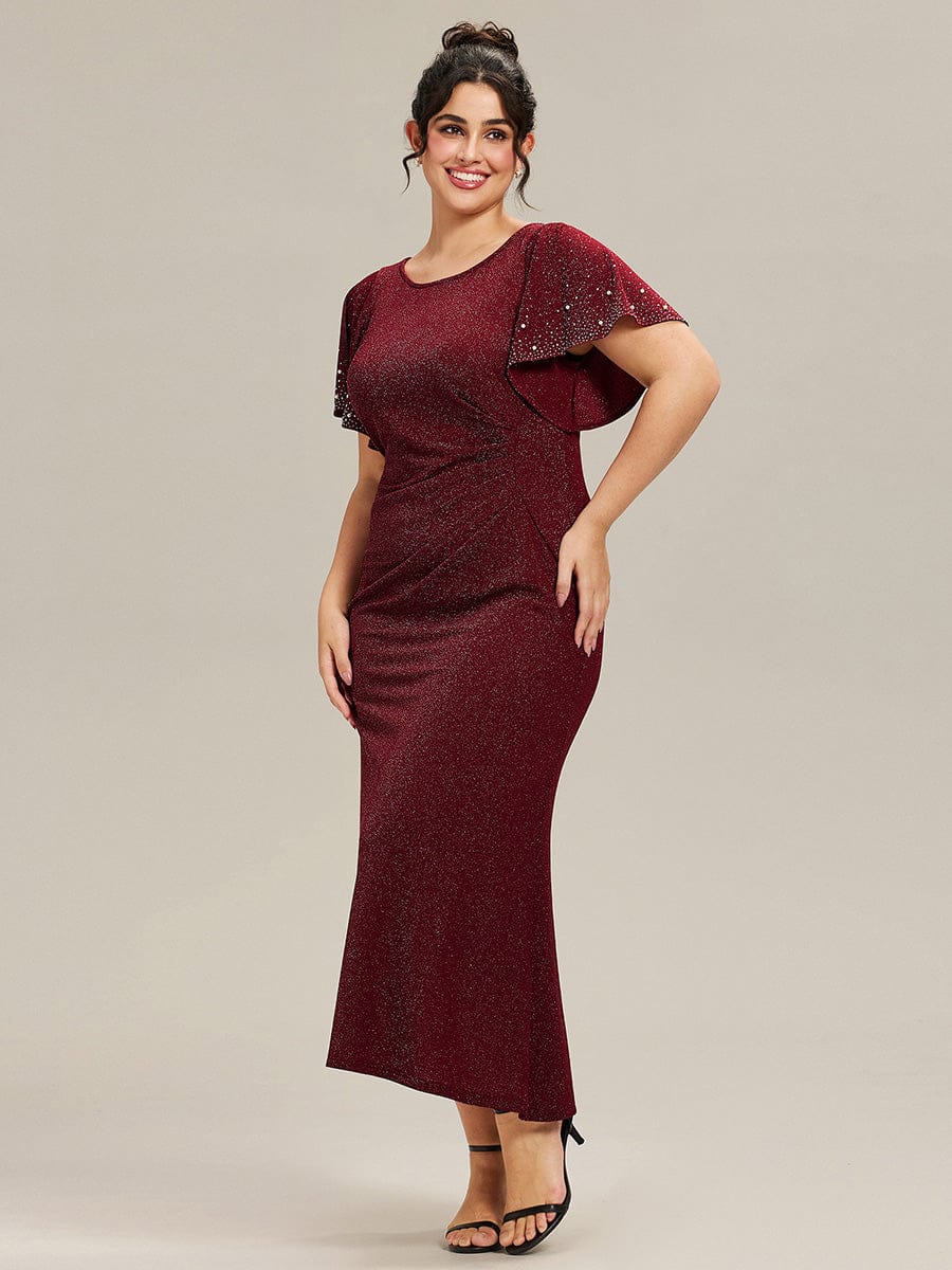 Plus Size Sequin Ruffle Sleeve Evening Dress #color_Burgundy