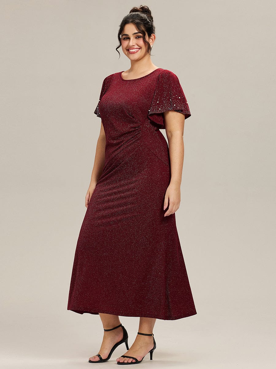 Plus Size Sequin Ruffle Sleeve Evening Dress #color_Burgundy