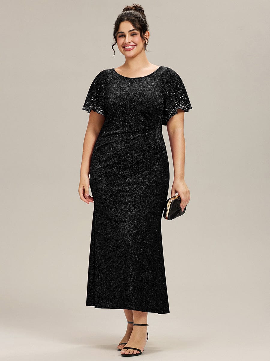 Plus Size Sequin Ruffle Sleeve Evening Dress #color_Black