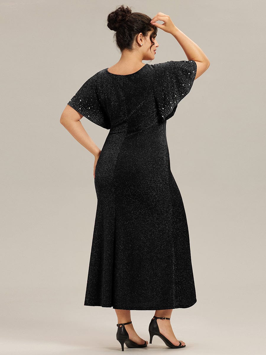 Plus Size Sequin Ruffle Sleeve Evening Dress #color_Black