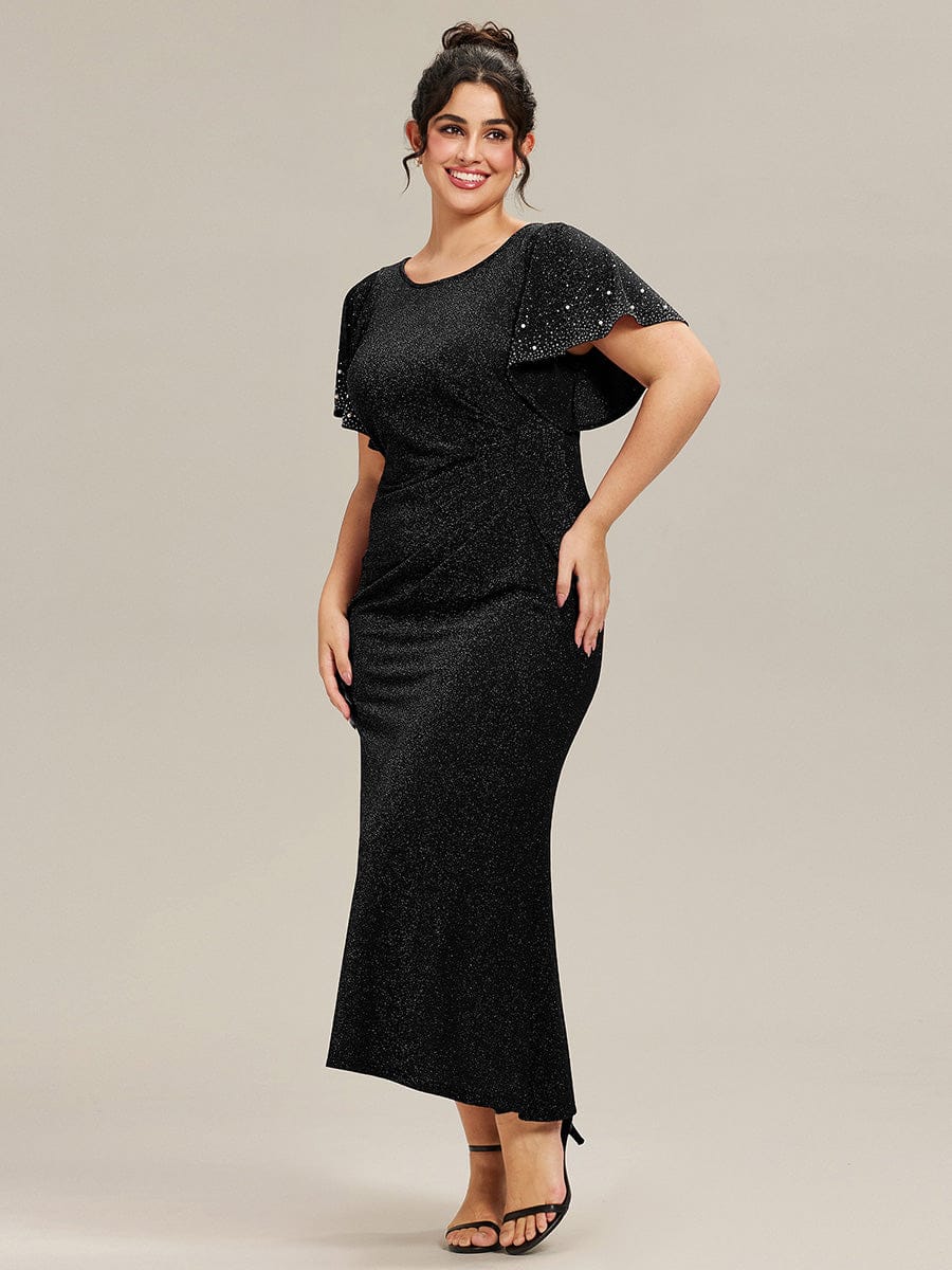 Plus Size Sequin Ruffle Sleeve Evening Dress #color_Black