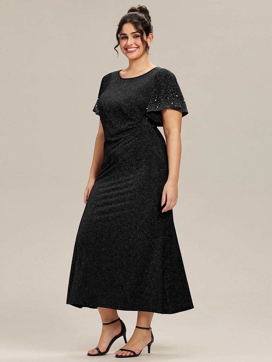 Plus Size Sequin Ruffle Sleeve Evening Dress #color_Black