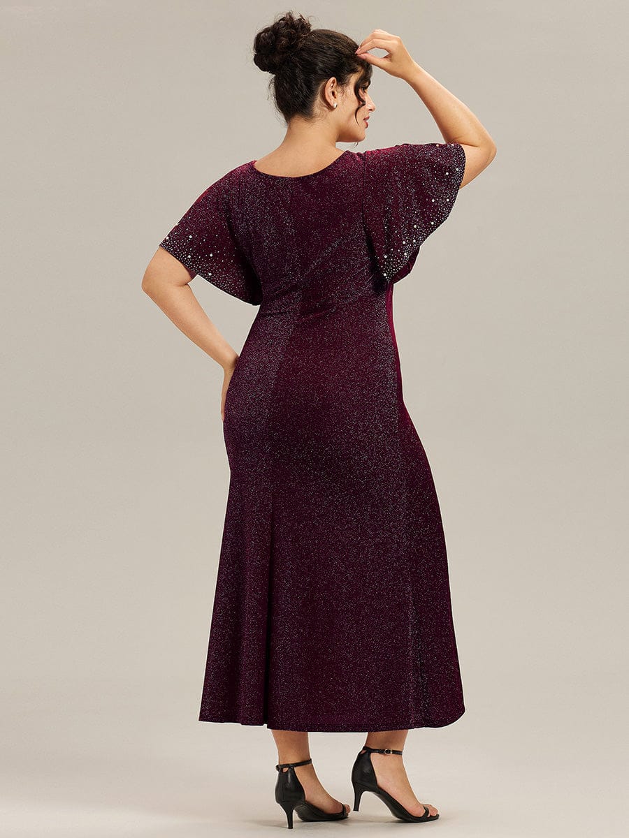Plus Size Sequin Ruffle Sleeve Evening Dress #color_Dark Purple