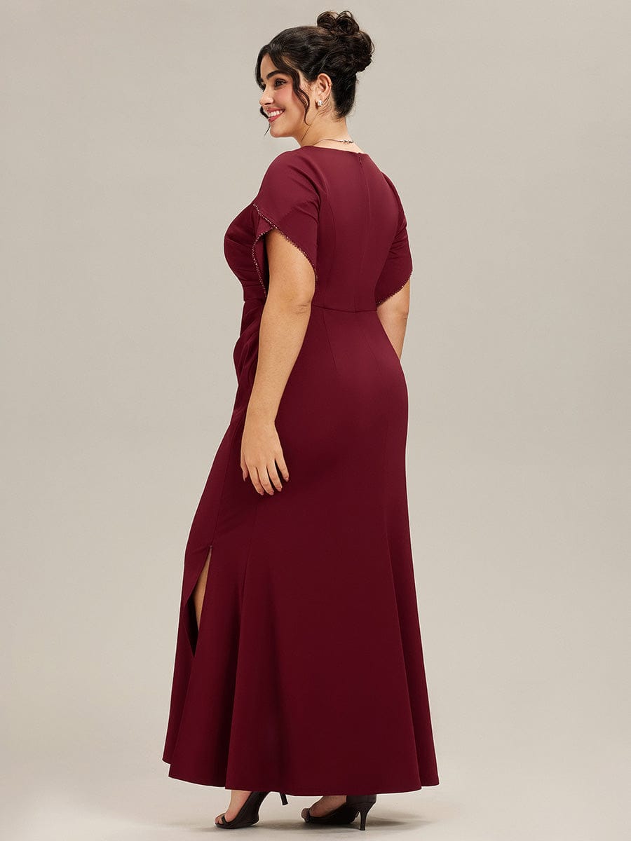 Plus Size Thigh-High Slit Knit Tulip Sleeve Evening Dress #color_Burgundy