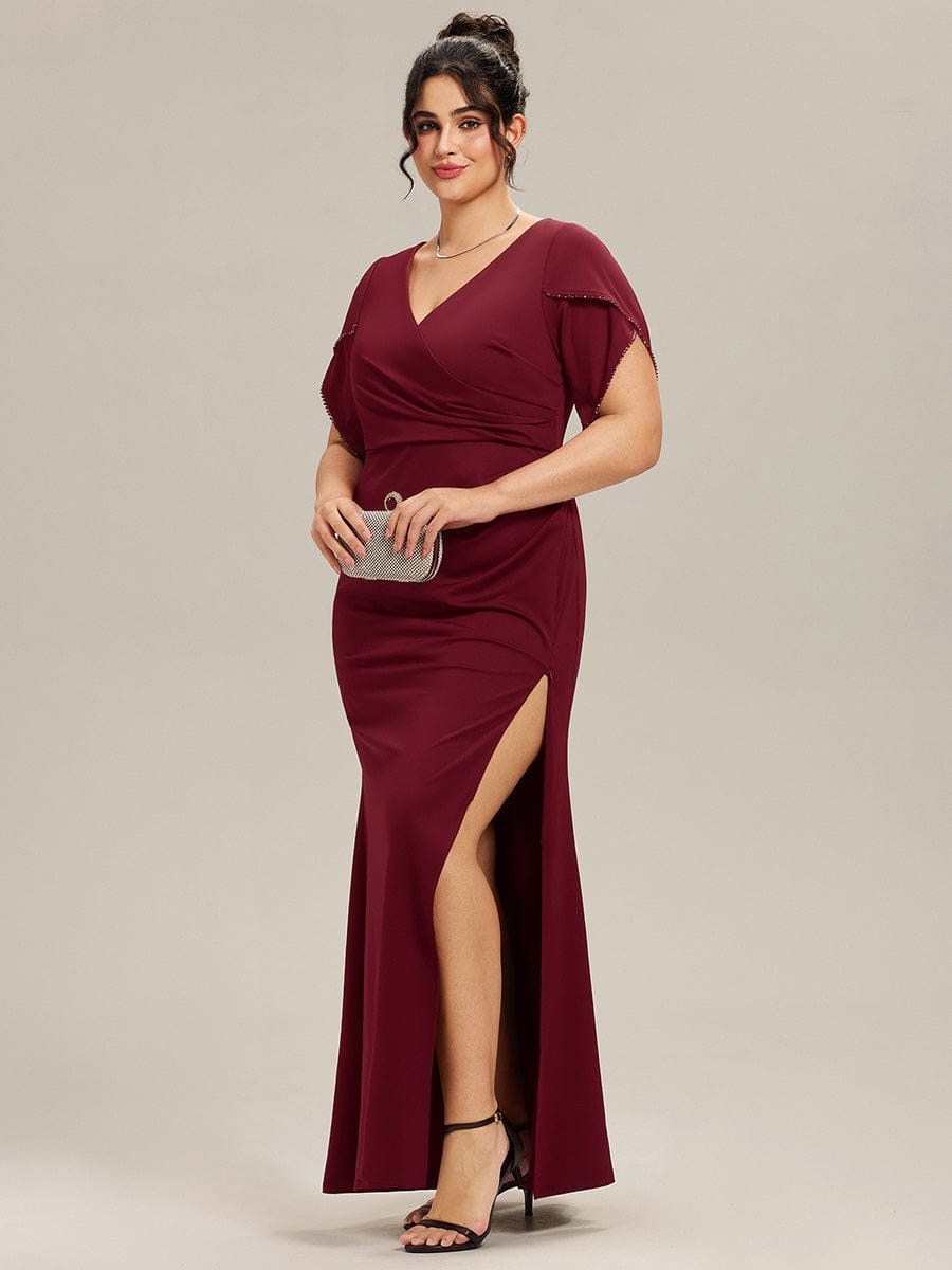 Plus Size Thigh-High Slit Knit Tulip Sleeve Evening Dress #color_Burgundy