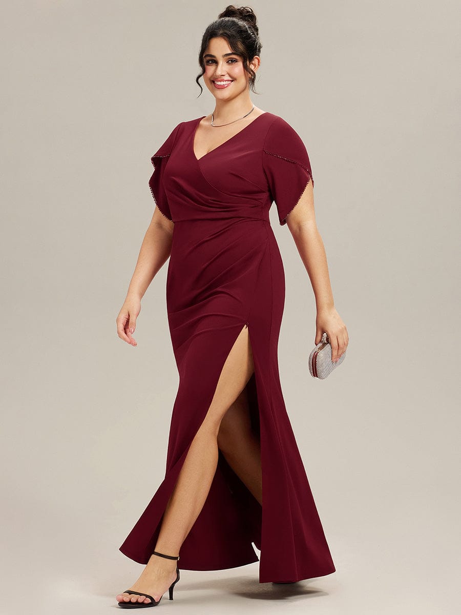 Thigh-High Slit Knit Tulip Sleeve Evening Dress #color_Burgundy