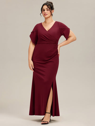 Plus Size Thigh-High Slit Knit Tulip Sleeve Evening Dress #color_Burgundy