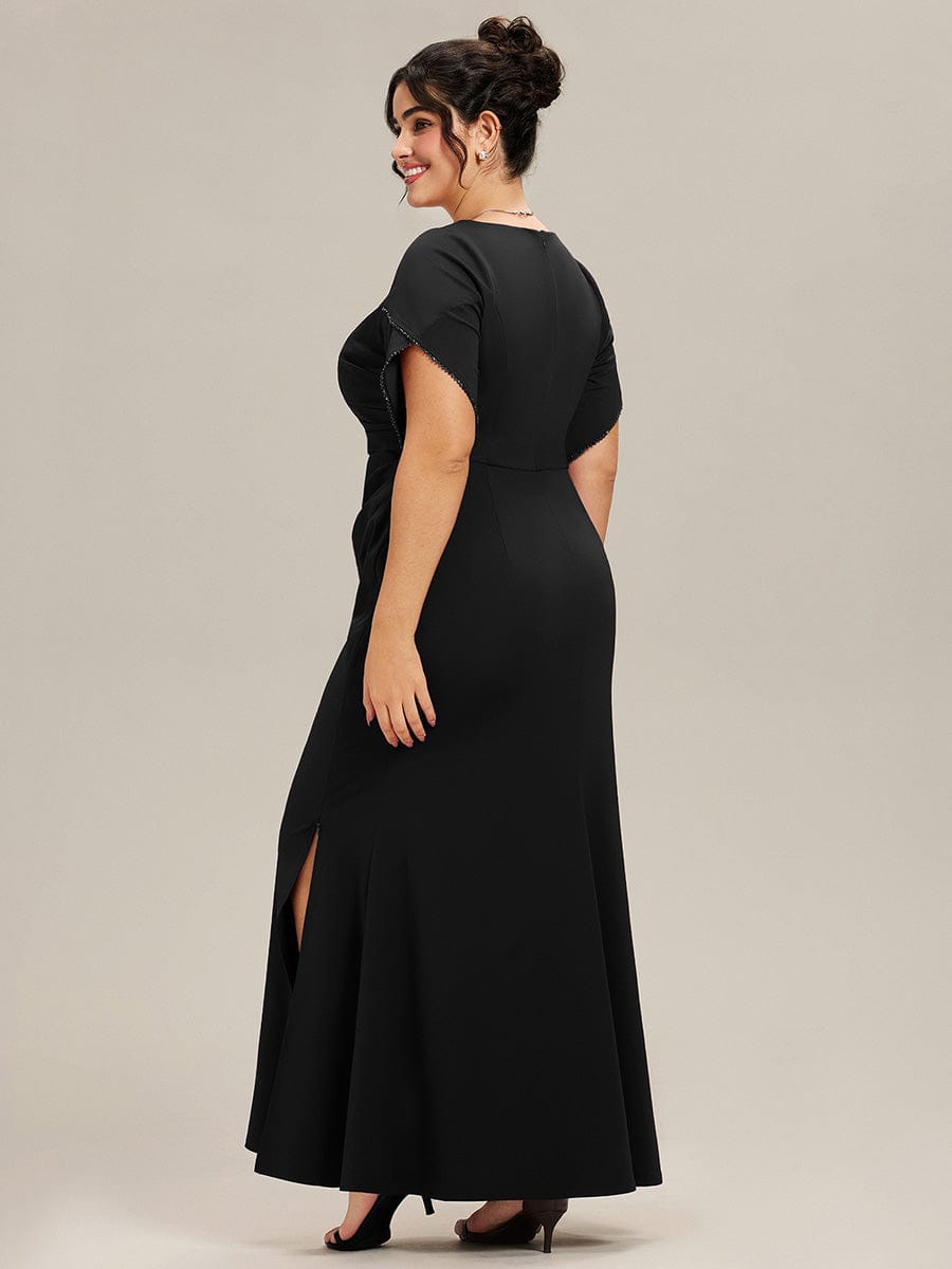 Plus Size Thigh-High Slit Knit Tulip Sleeve Evening Dress #color_Black