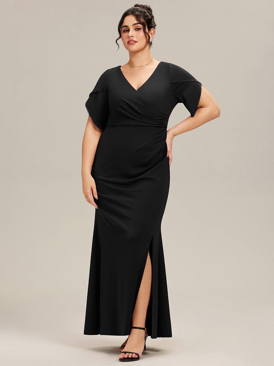 Plus Size Thigh-High Slit Knit Tulip Sleeve Evening Dress #color_Black