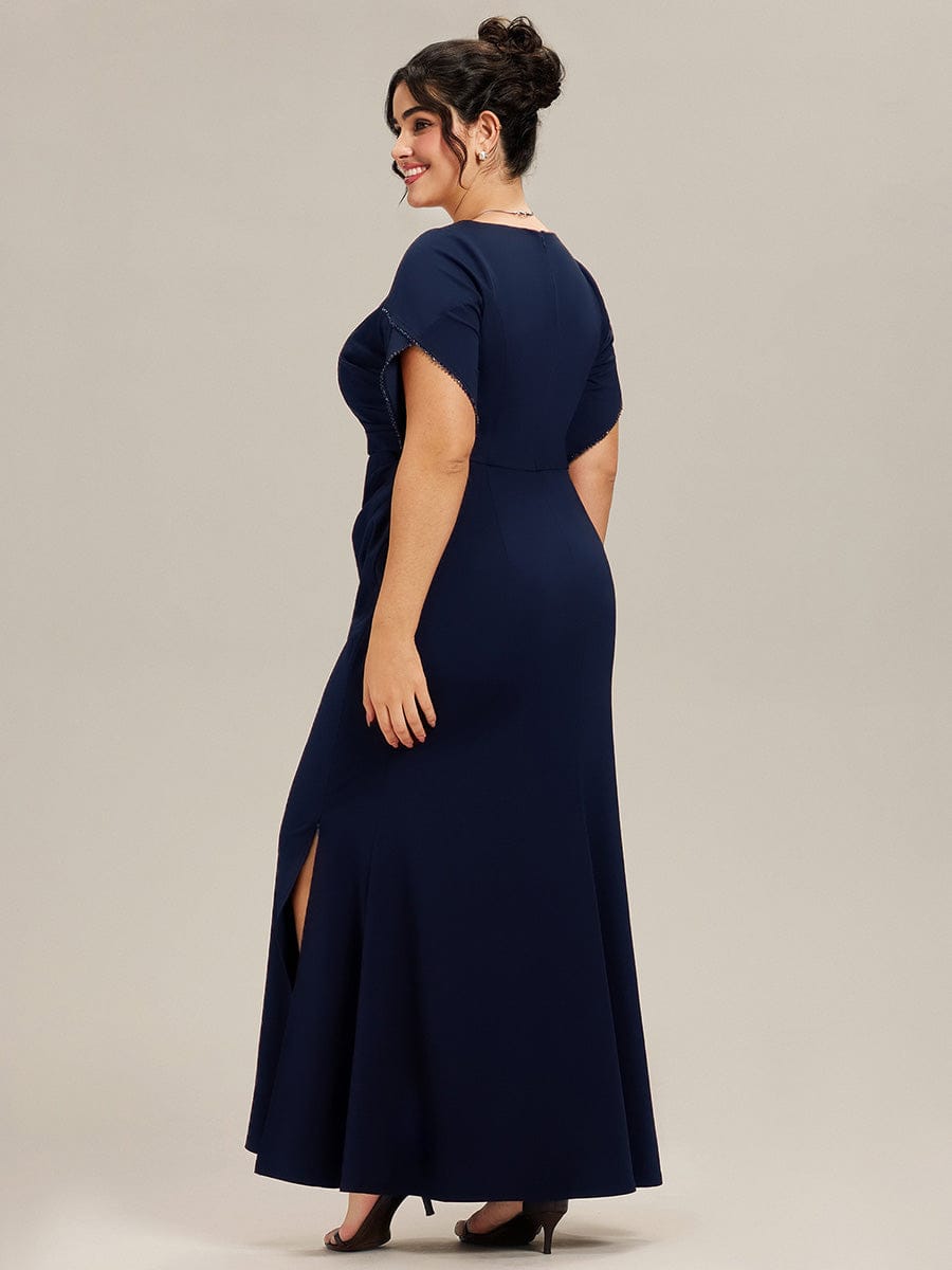 Thigh-High Slit Knit Tulip Sleeve Evening Dress #color_Navy Blue