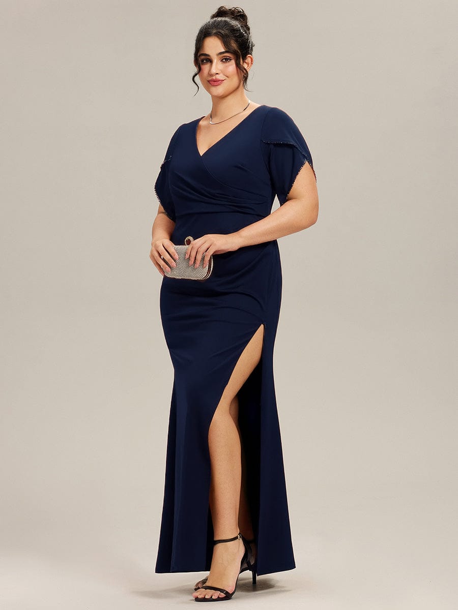 Thigh-High Slit Knit Tulip Sleeve Evening Dress #color_Navy Blue