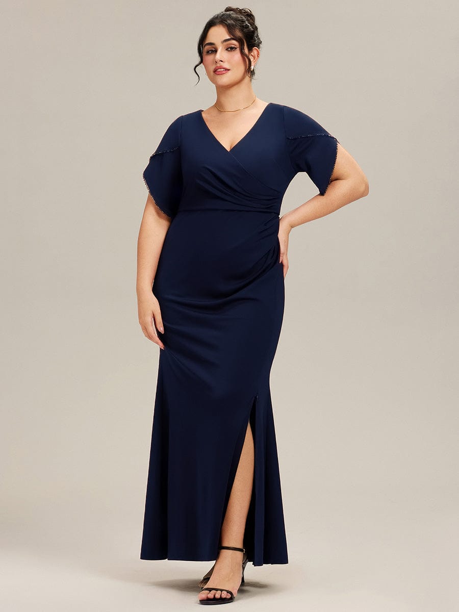 Plus Size Thigh-High Slit Knit Tulip Sleeve Evening Dress #color_Navy Blue