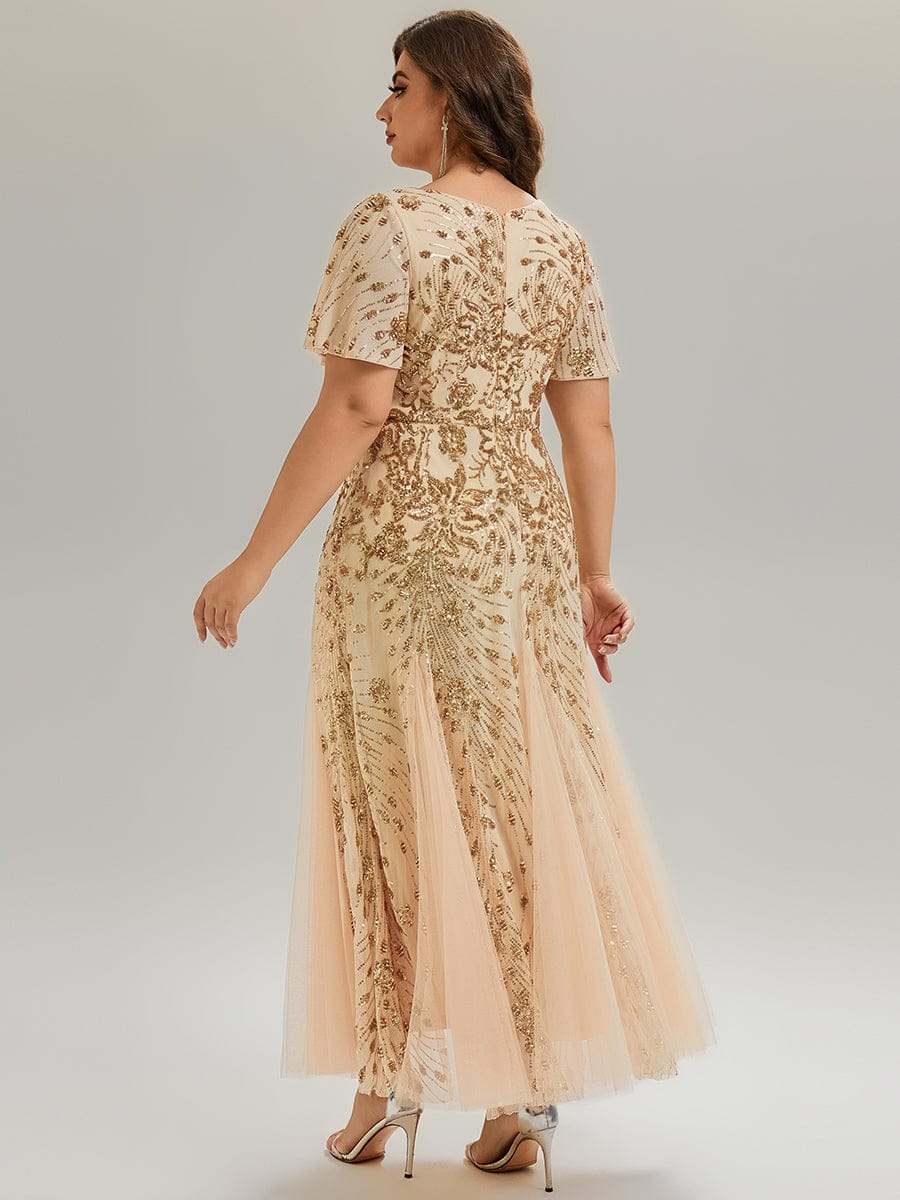 Plus Size Embroidered Sequin Ruffle Sleeve Evening Dress #color_Gold