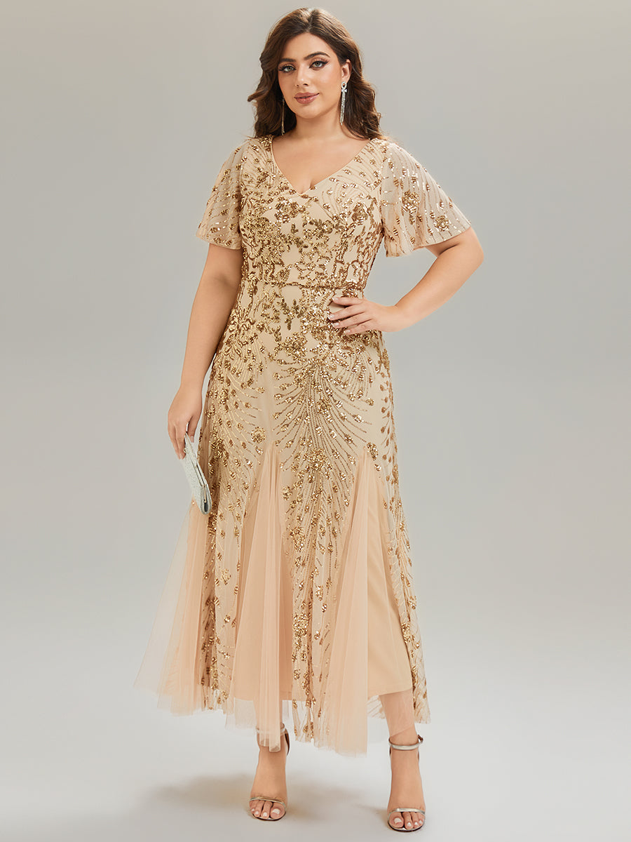 Embroidered Sequin Ruffle Sleeve Evening Dress #color_Gold