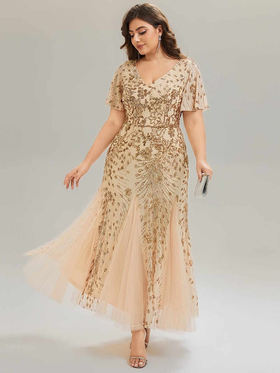 Plus Size Embroidered Sequin Ruffle Sleeve Evening Dress #color_Gold