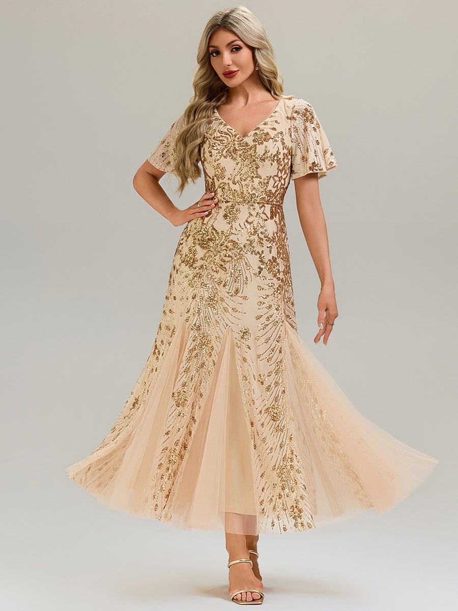 Embroidered Sequin Ruffle Sleeve Evening Dress #color_Gold