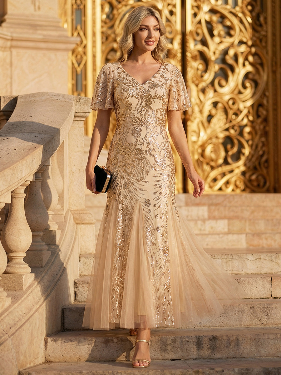 Embroidered Sequin Ruffle Sleeve Evening Dress #color_Gold