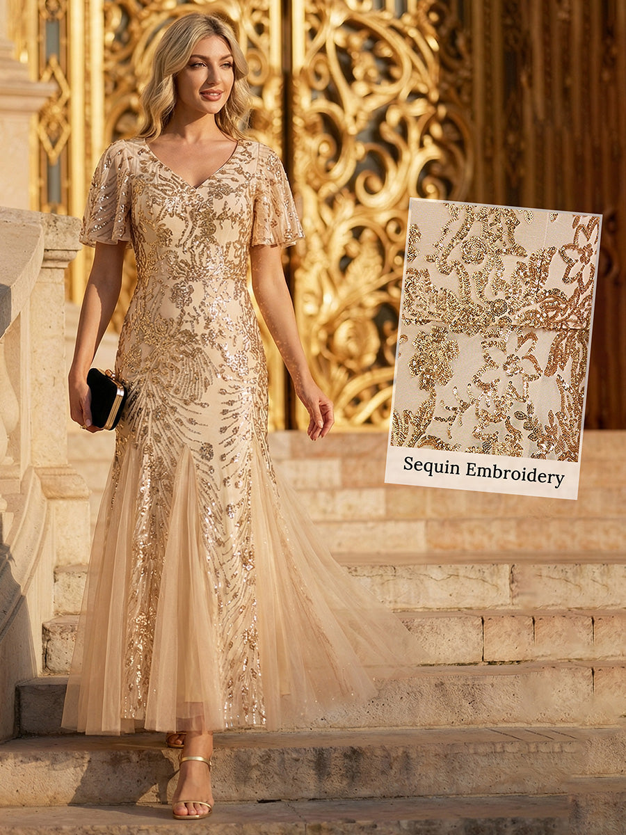 Embroidered Sequin Ruffle Sleeve Evening Dress #color_Gold