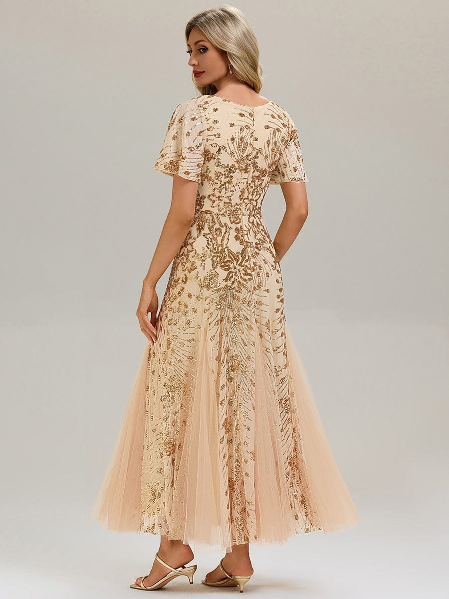 Embroidered Sequin Ruffle Sleeve Evening Dress #color_Gold