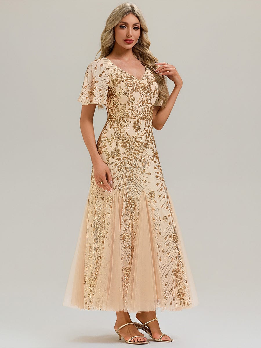 Embroidered Sequin Ruffle Sleeve Evening Dress #color_Gold