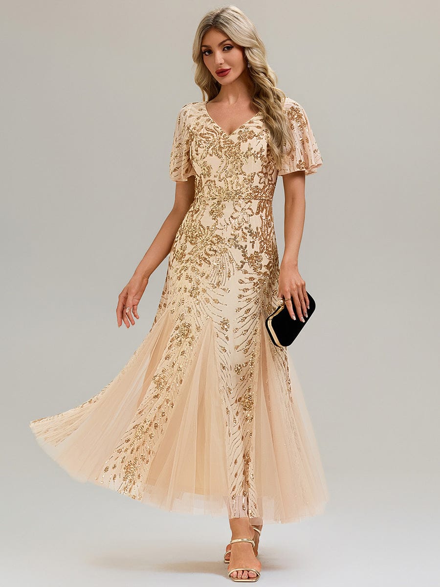 Embroidered Sequin Ruffle Sleeve Evening Dress #color_Gold