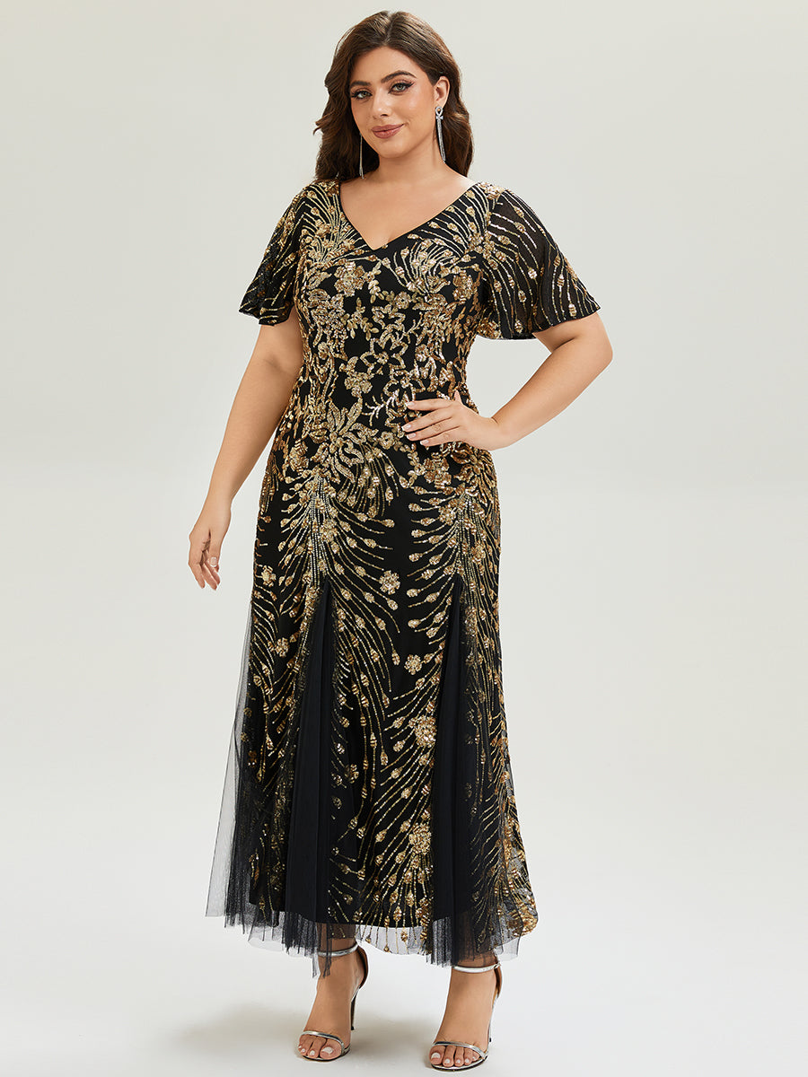 Plus Size Embroidered Sequin Ruffle Sleeve Evening Dress #color_Black & Gold