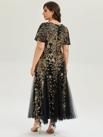 Plus Size Embroidered Sequin Ruffle Sleeve Evening Dress #color_Black & Gold