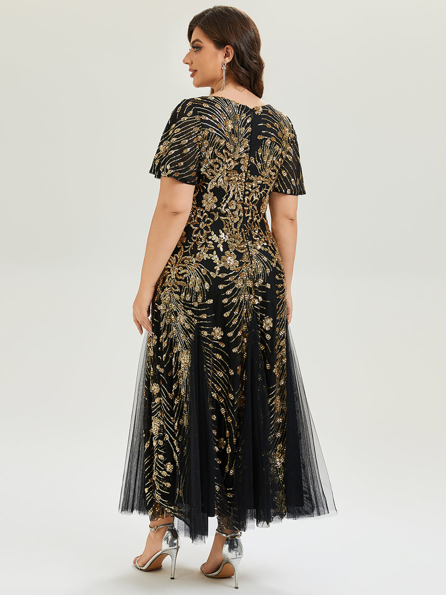 Embroidered Sequin Ruffle Sleeve Evening Dress #color_Black & Gold