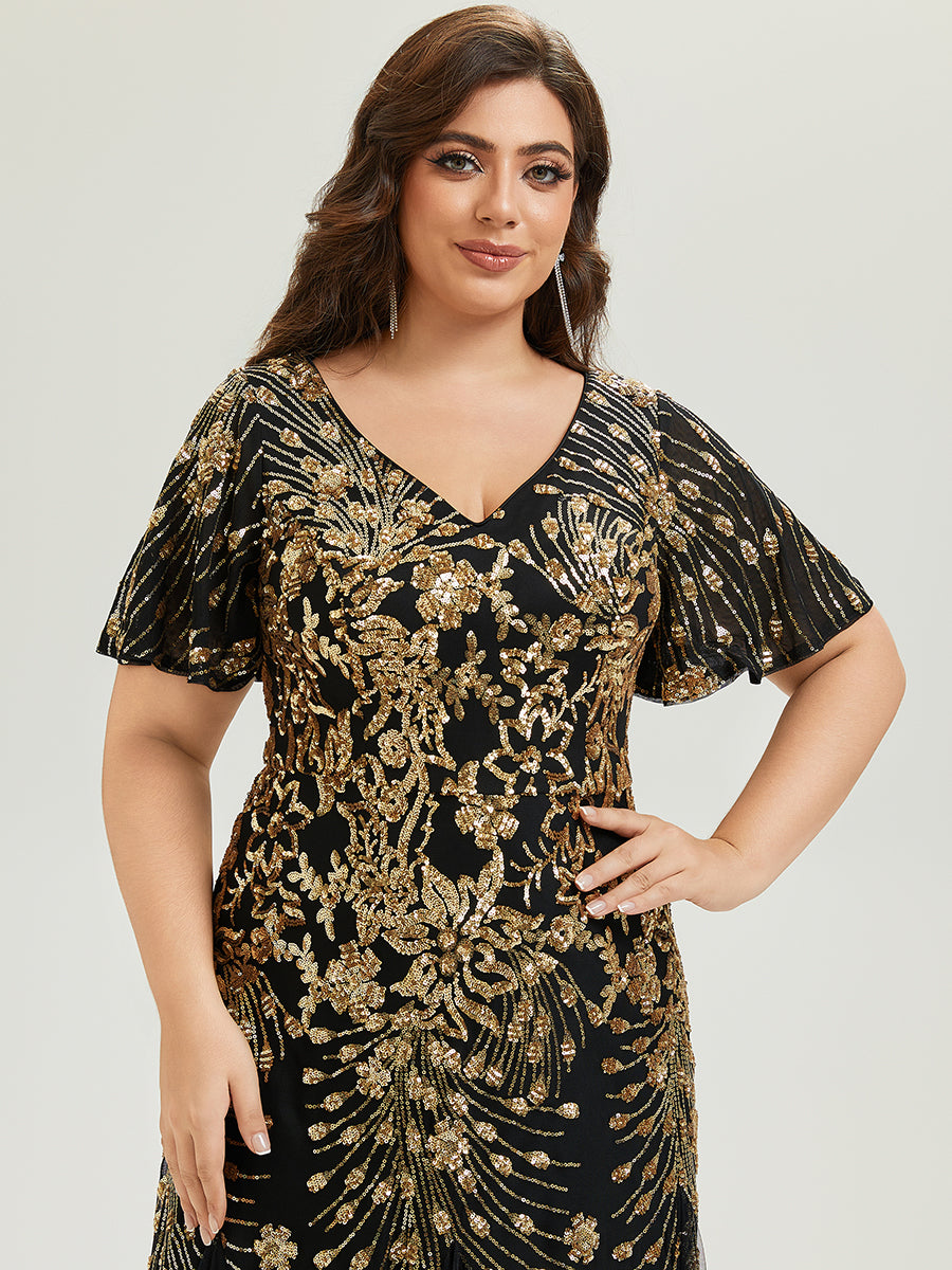 Embroidered Sequin Ruffle Sleeve Evening Dress #color_Black & Gold