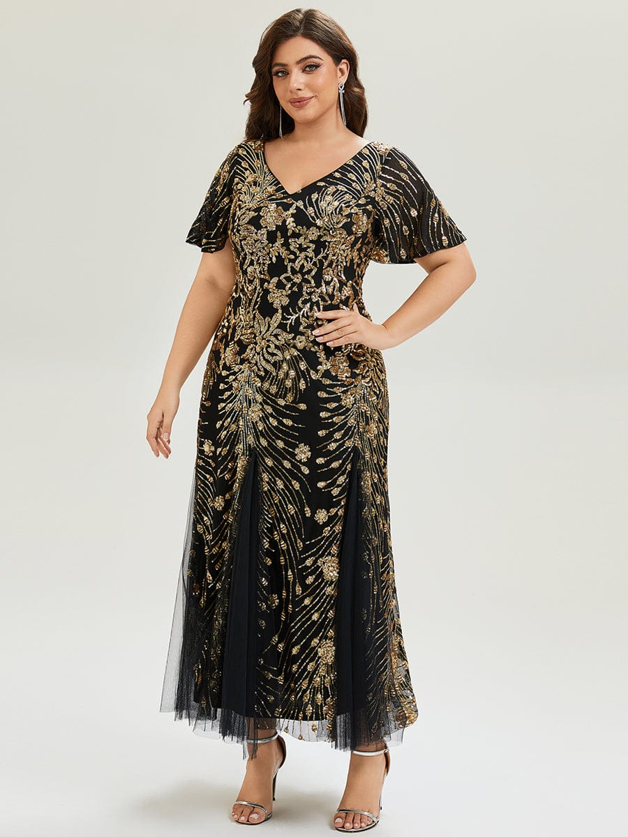 Plus Size Embroidered Sequin Ruffle Sleeve Evening Dress #color_Black & Gold