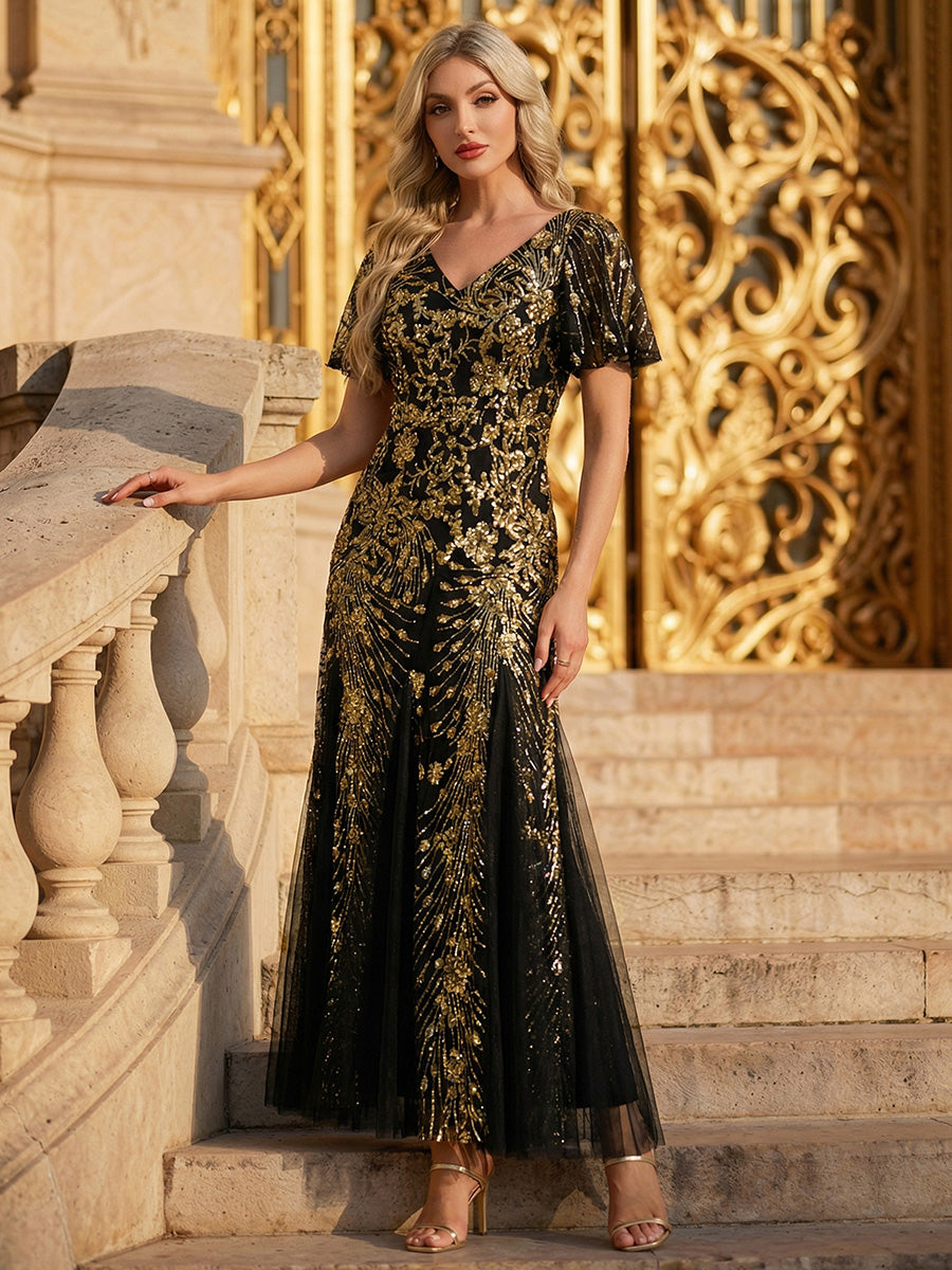Embroidered Sequin Ruffle Sleeve Evening Dress #color_Black & Gold