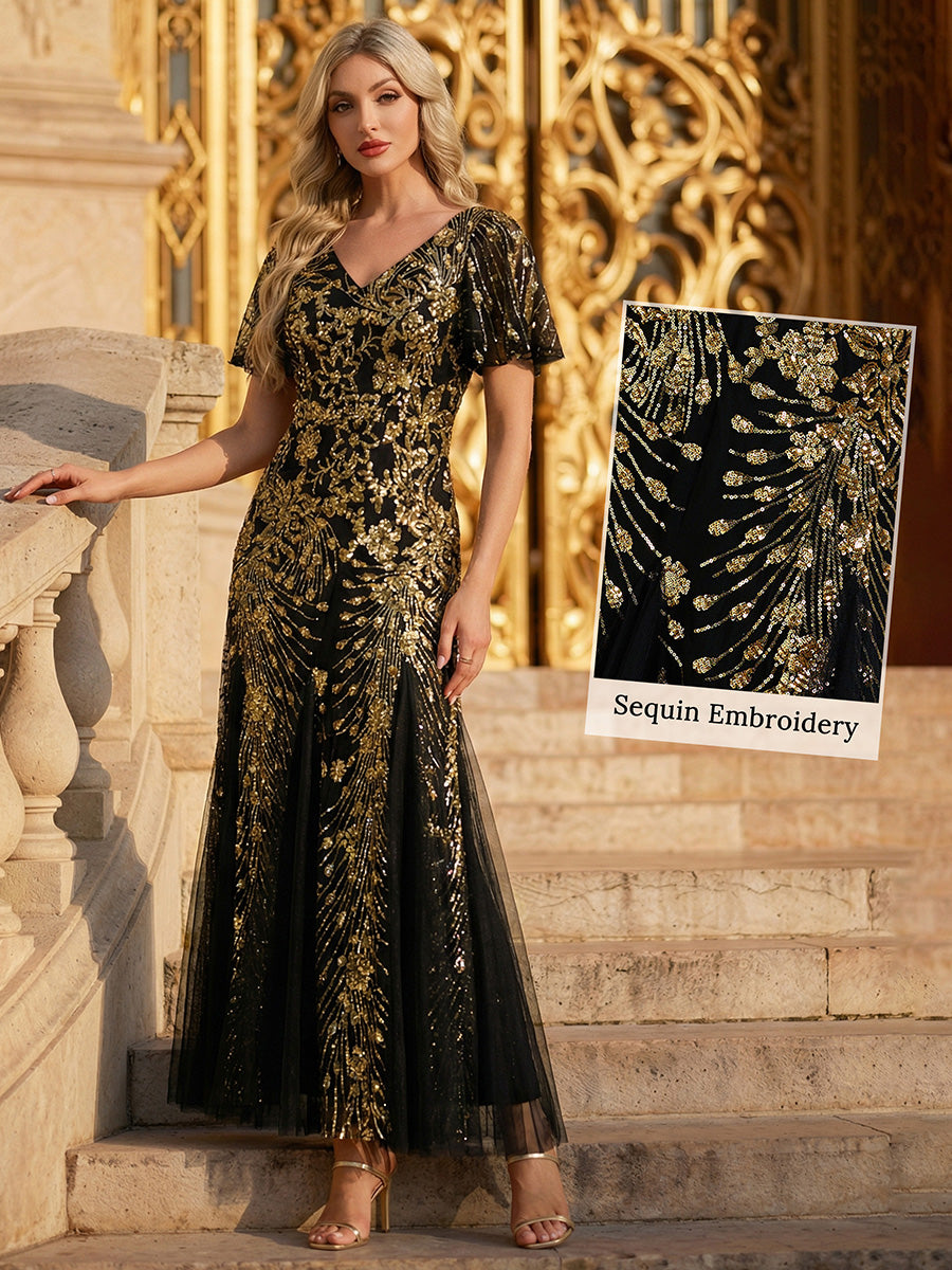 Embroidered Sequin Ruffle Sleeve Evening Dress #color_Black & Gold