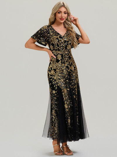 Embroidered Sequin Ruffle Sleeve Evening Dress #color_Black & Gold