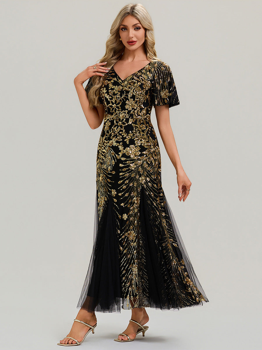 Embroidered Sequin Ruffle Sleeve Evening Dress #color_Black & Gold